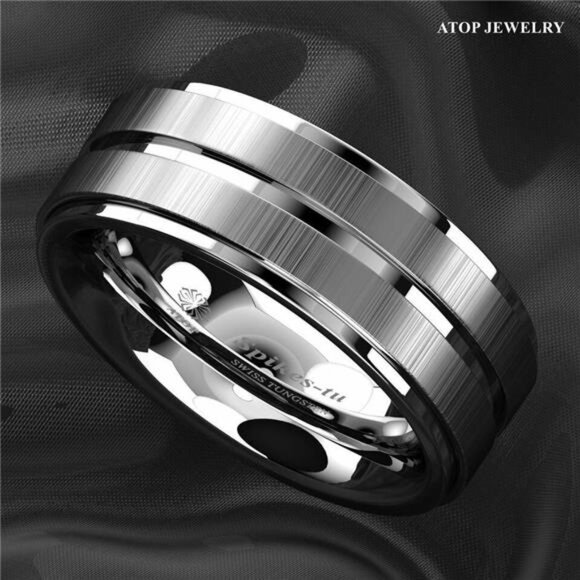Men's Wedding Band Rings - Vertical Brushed Meteorite Design - Wedding Rings - Picture 7 of 7